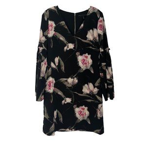 White House Black Market Black Long Sleeve Floral Bell Sleeve Shift Dress 8